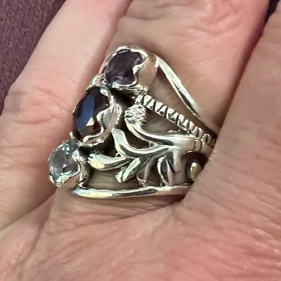 Triple Gemstone Statement Ring 925 Silver Garnet Amethyst Blue Topaz Size 8 #570 - Picture 3 of 7